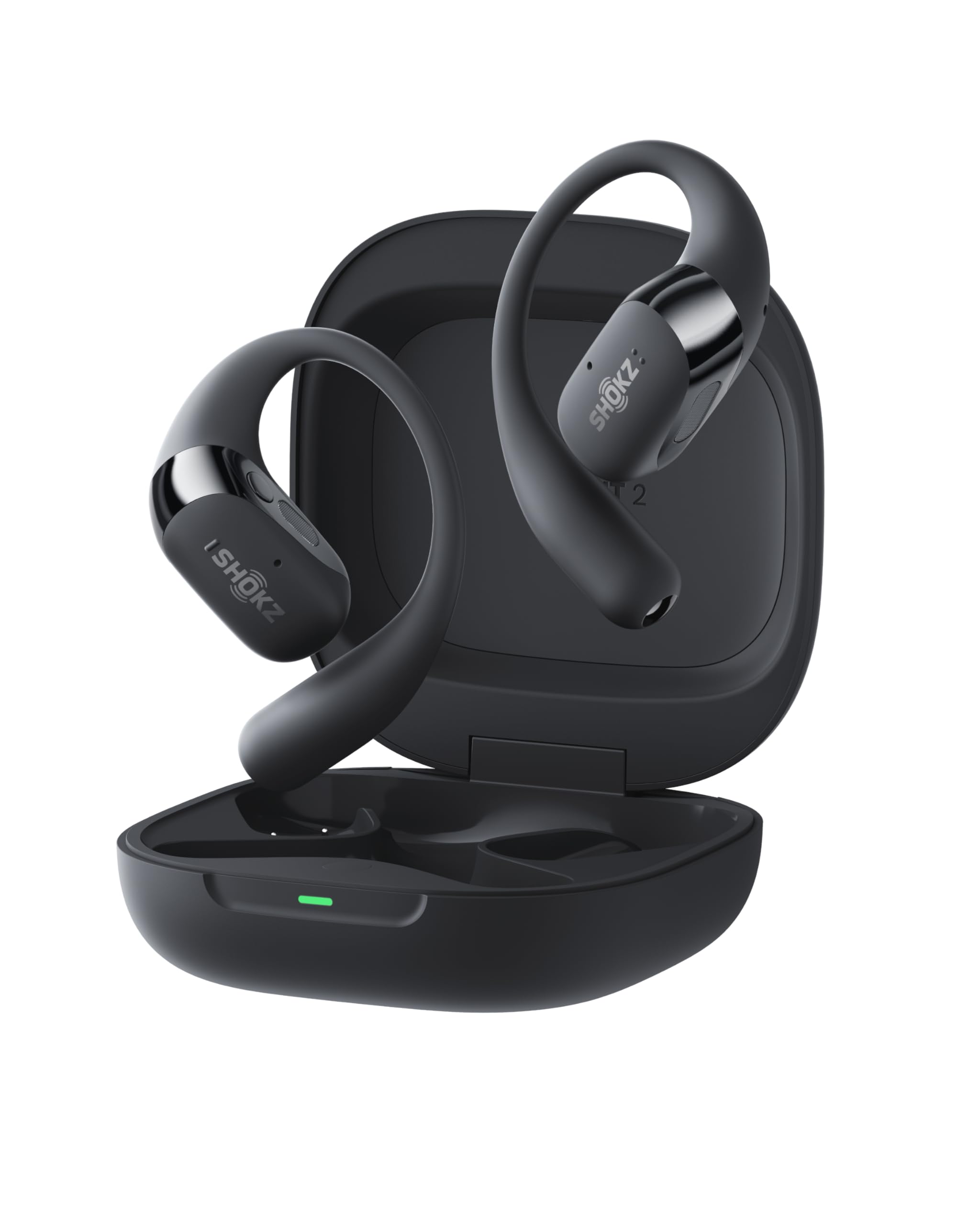 SHOKZ OpenFit 2+ Nouveaux Casques à Oreilles Libres, Dolby Audio, Crochets d’Oreille Souples, 48 Heures d’autonomie, résistance à l’Eau IP55, Recharge sans Fil, avec Sac de Transport, Noir