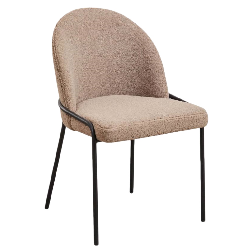 Chaise en tissu bouclette marron avec pieds en métal noir – Design moderne minimaliste – Confort et élégance