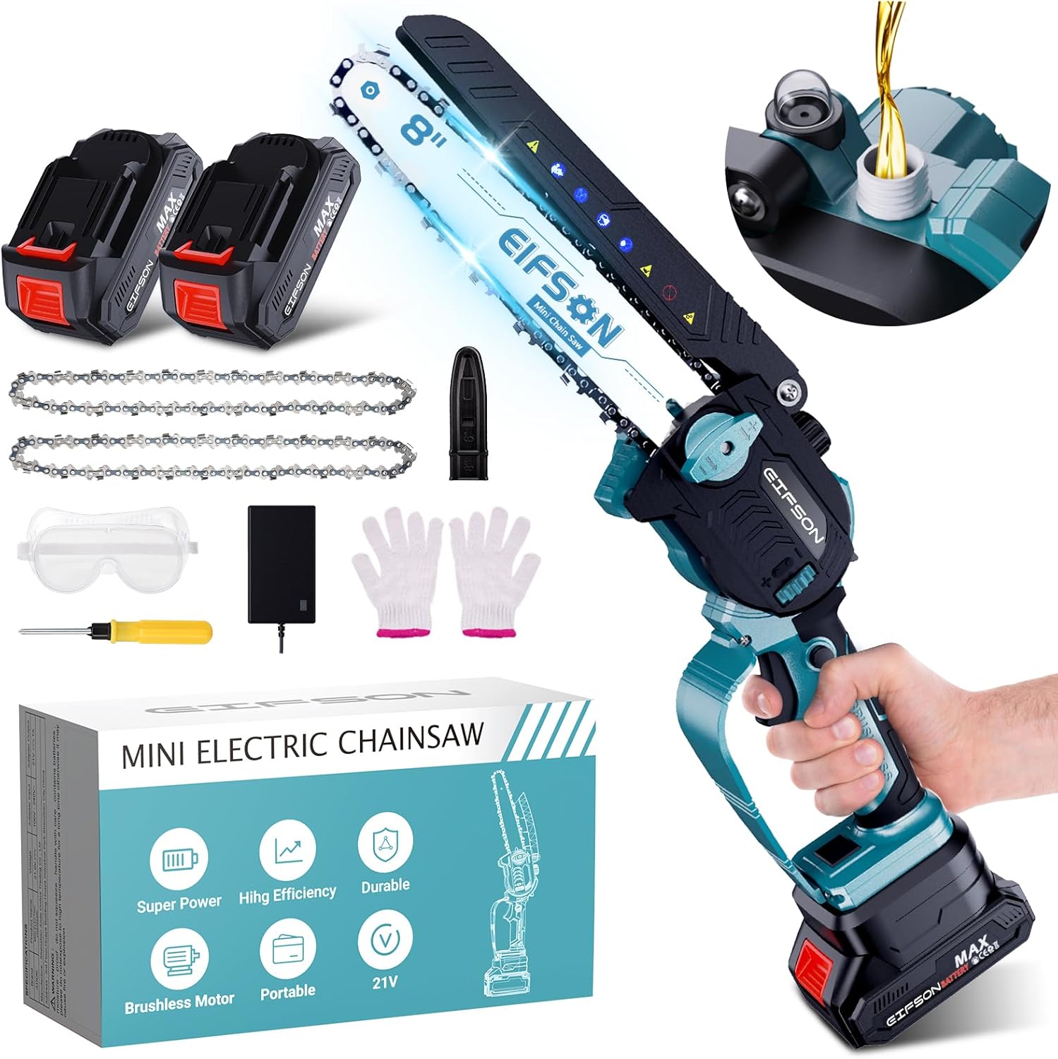 Mini Trononneuse sans fil 8 pouces,1100W Brushless Trononneuse à Batterie avec 2x2.0Ah,2Chane,Vitesse de chane 0-28M/S Trononneuse électrique Pour les arbres,Terrasse,Maison&Jardin