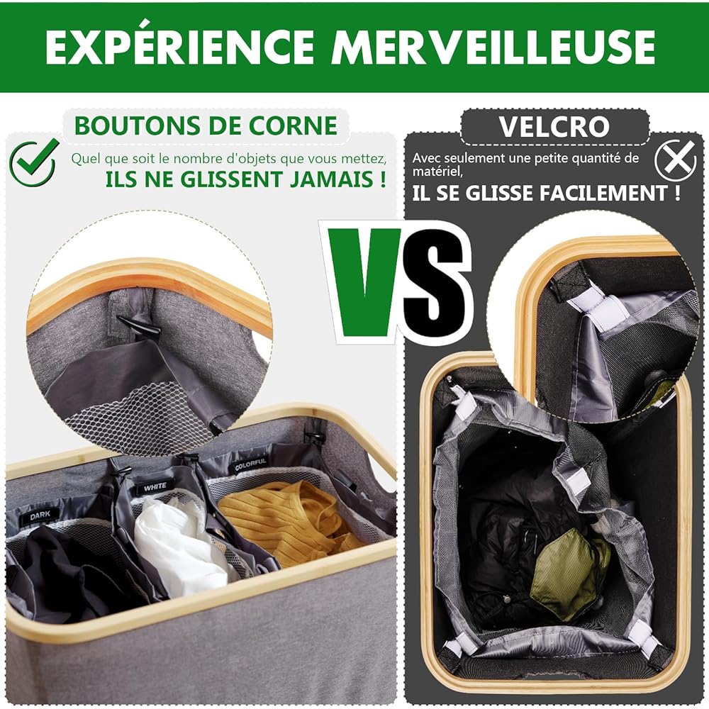 SOUTHGATE 170L Panier à Linge 3 compartiments Avec Couvercle, Panier Linge Pliable Avec Trois Sacs à Linge Amovibles, Convient Pour La Chambre à Coucher, Salon, Buanderie, Gris : Cuisine et Maison