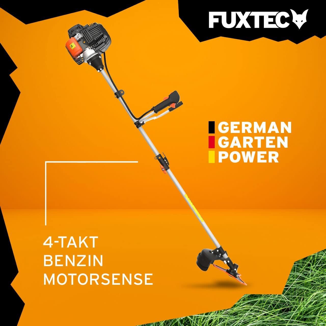 FUXTEC Benzin Motorsense FX-4MS131, Rasentrimmer mit 4-Takt-Motor, 320 mm Schnittkreis, ergonomischer Zweihandgriff, Notstop-Schalter, leichtgewichtig, inkl. Profi-Tragegurt/Messer/Faden