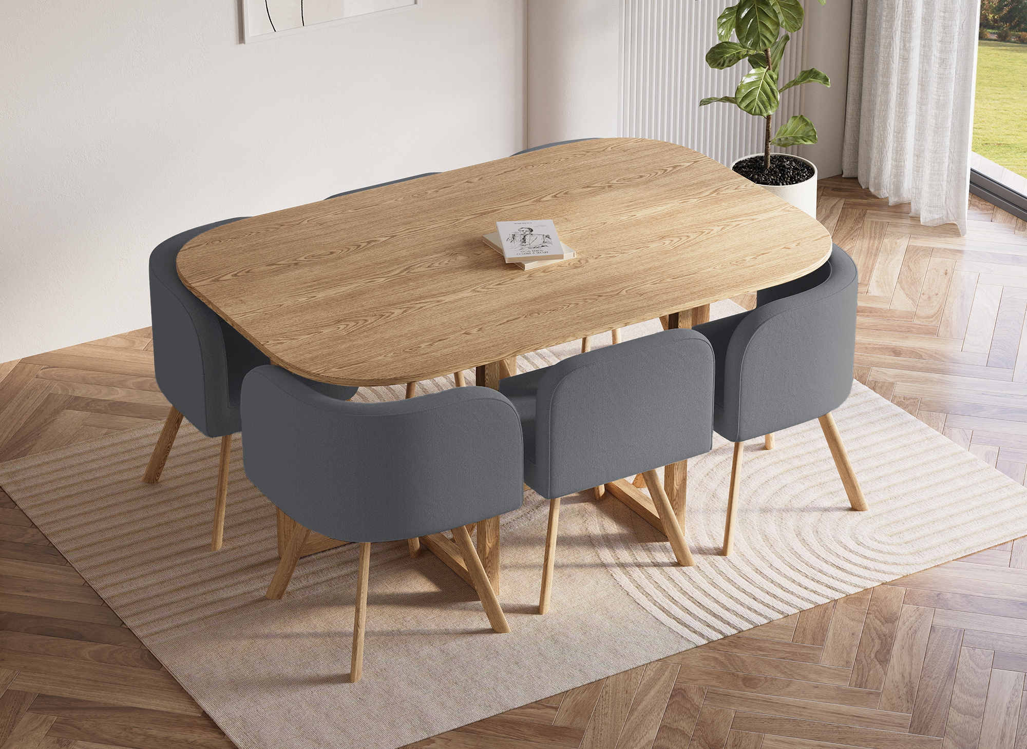 FLEN XL Ensemble table + 6 chaises encastrables gris FLEN XL