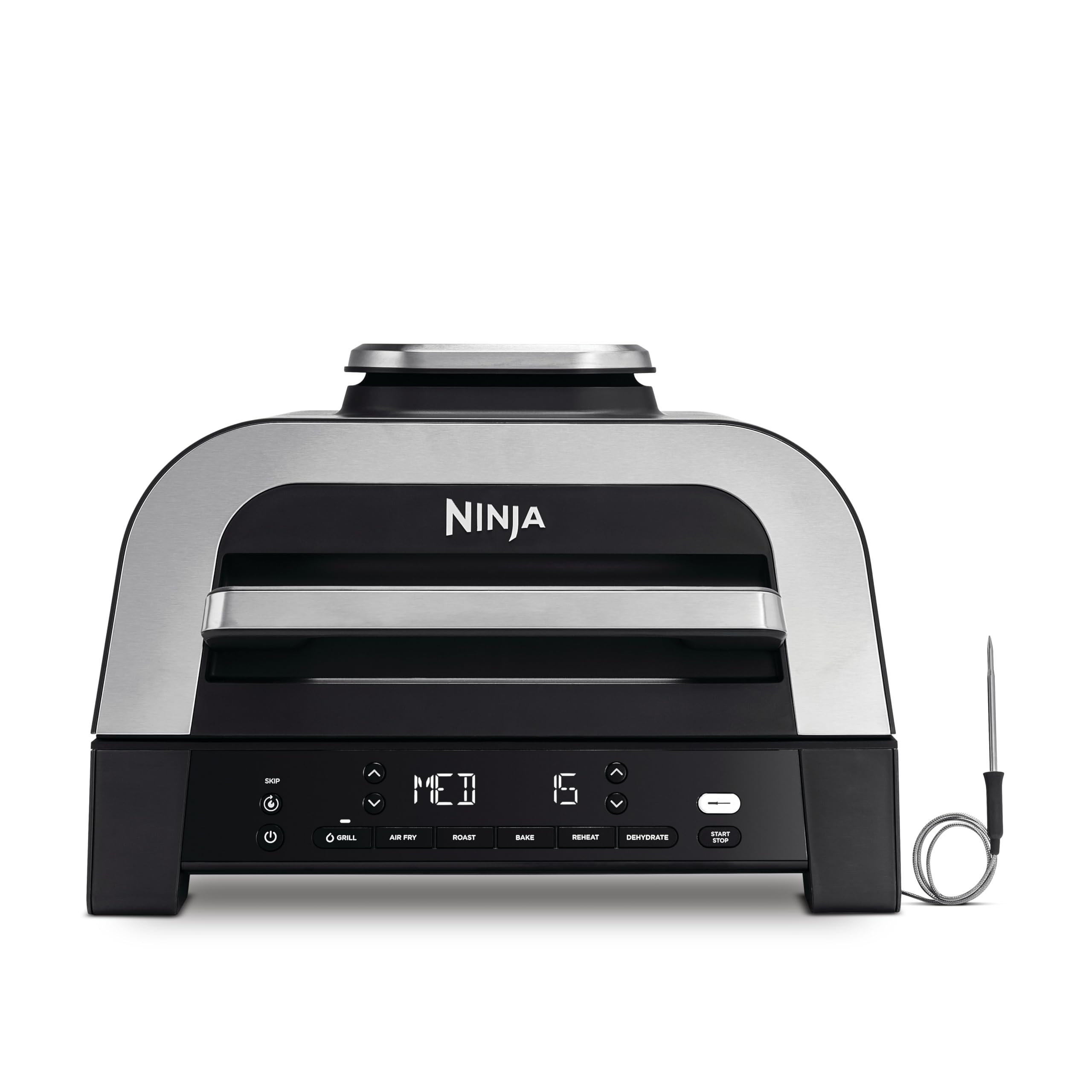 Ninja MAX 6-en-1 Grill d’intérieur et friteuse sans huile, 6 modes, cuit jusqu’à 6 hamburgers, capacité 3,8 l, faible dégagement de fumée, thermomètre