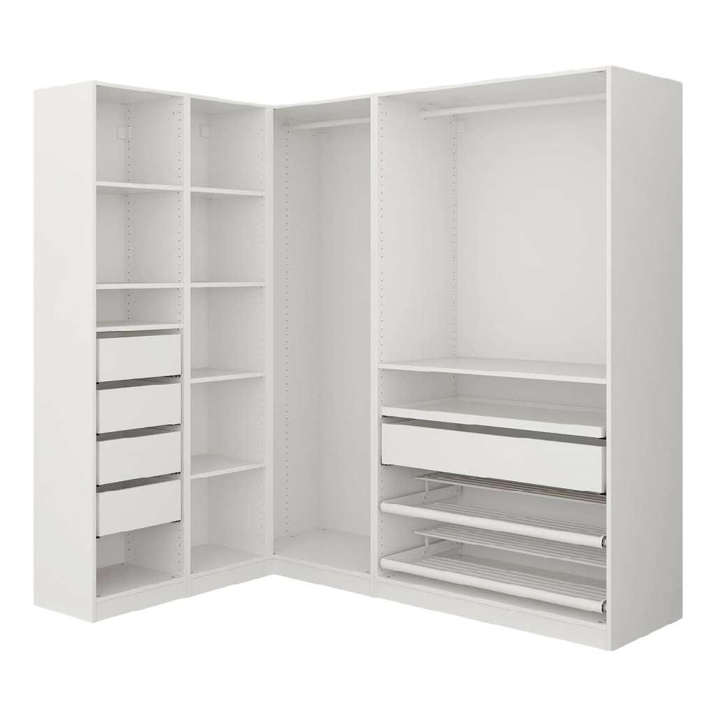 Armoire d’angle blanche modulaire – dressing en L avec tiroirs, penderies et étagères