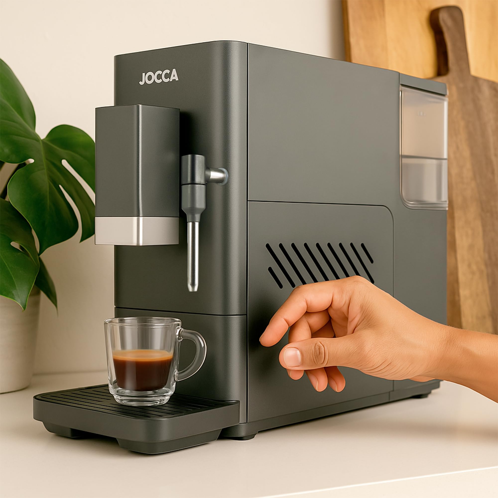 Jocca Cafetière super automatique 20 bars, 1 350 W, réservoir 1,5 l, moulin intégré 15 niveaux, vaporisateur à lait, fonctions expresso, double expres