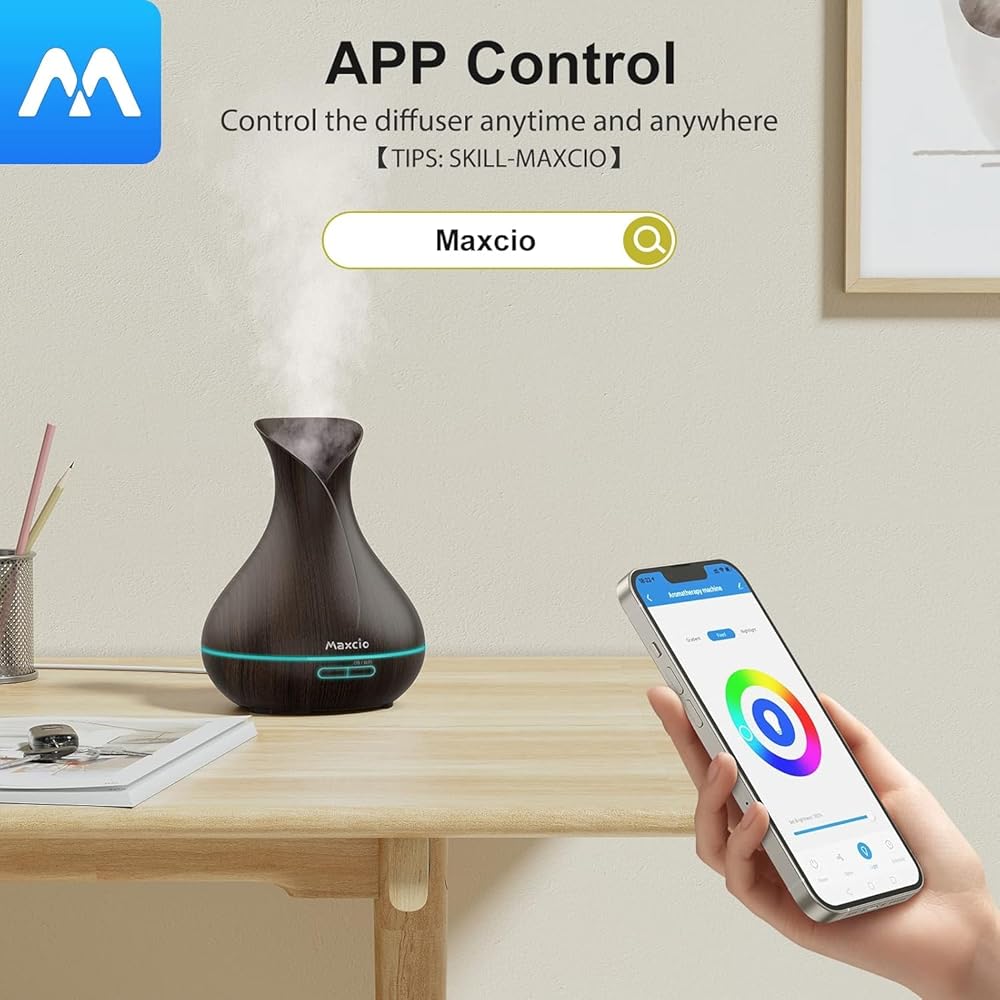 Maxcio Diffuseur d'Huiles Essentielles WiFi, Humidificateur d'Air Compatible avec Alexa et Google Home, Diffuseur électrique Connecté avec Lumières Colorées, Minuterie et Contr?le à Distance sur l’APP : Hygiène et Santé