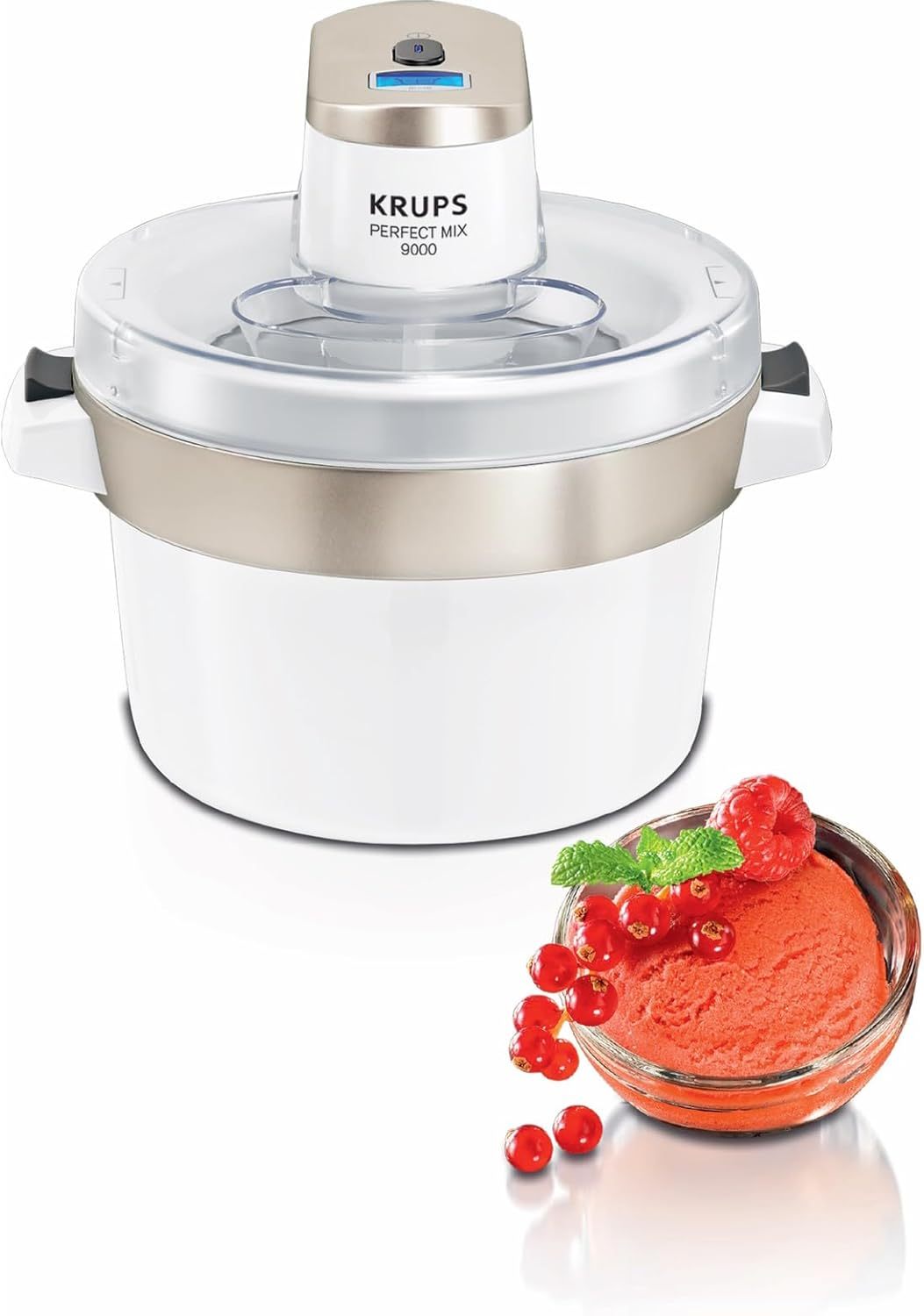 Krups GVS241 Eismaschine Venice Perfect Mix | 1L hausgemachtes Eis, Sorbet, Frozen Jogurth | Ohne Kompressor | Inklusive Rezeptheft und Silikonlöffel | Digitalanzeige und Signalton, Weiß
