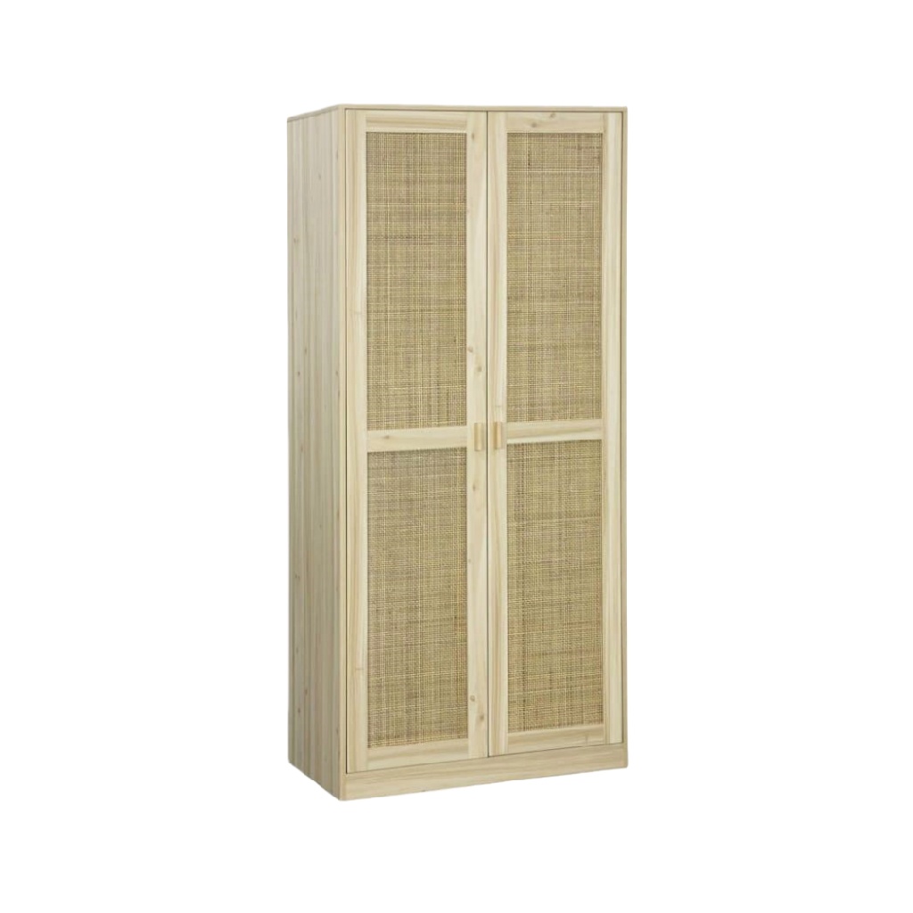 Armoire en Bois Naturel avec Portes en Rotin - Style Bohème et Authentique