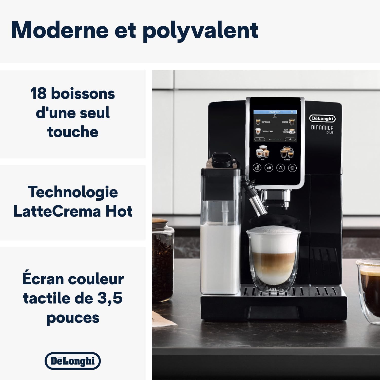 De'Longhi Dinamica Plus ECAM382.70.B, Machine Automatique à Café en Grains, Cafetière avec Technologie LatteCrema, Machine Espresso avec 18 Recettes, Écran TFT 3,5