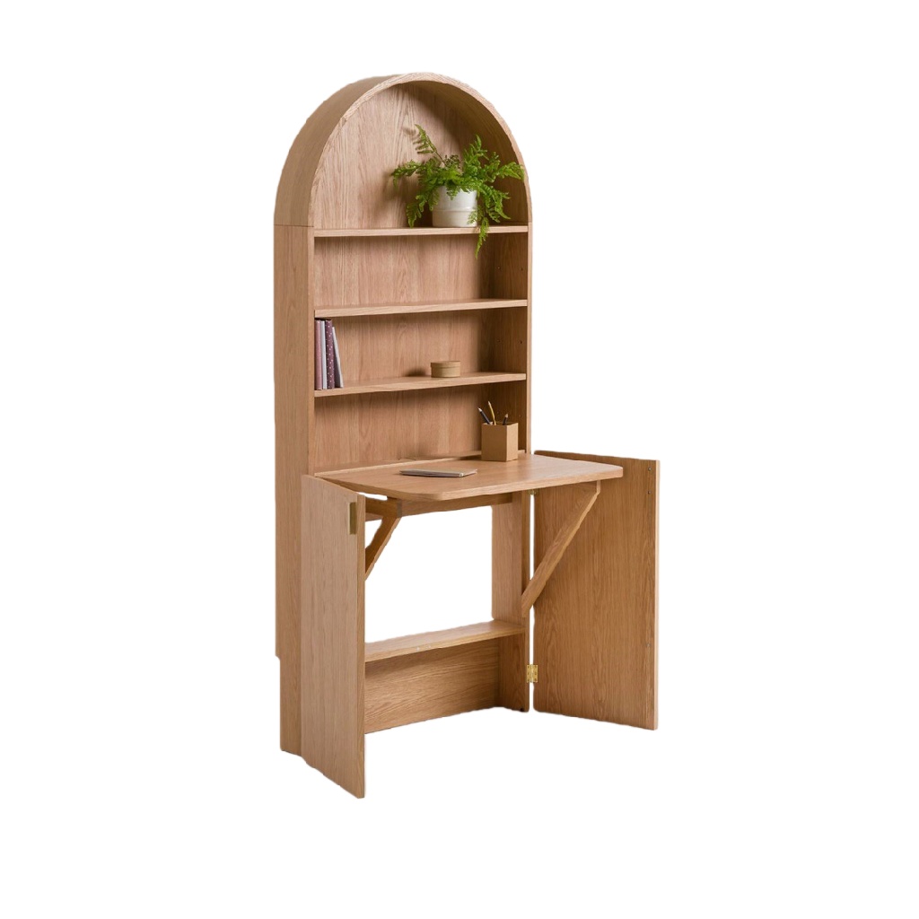 Secrétaire mural pliable – bois clair naturel – design arqué avec étagères intégrées