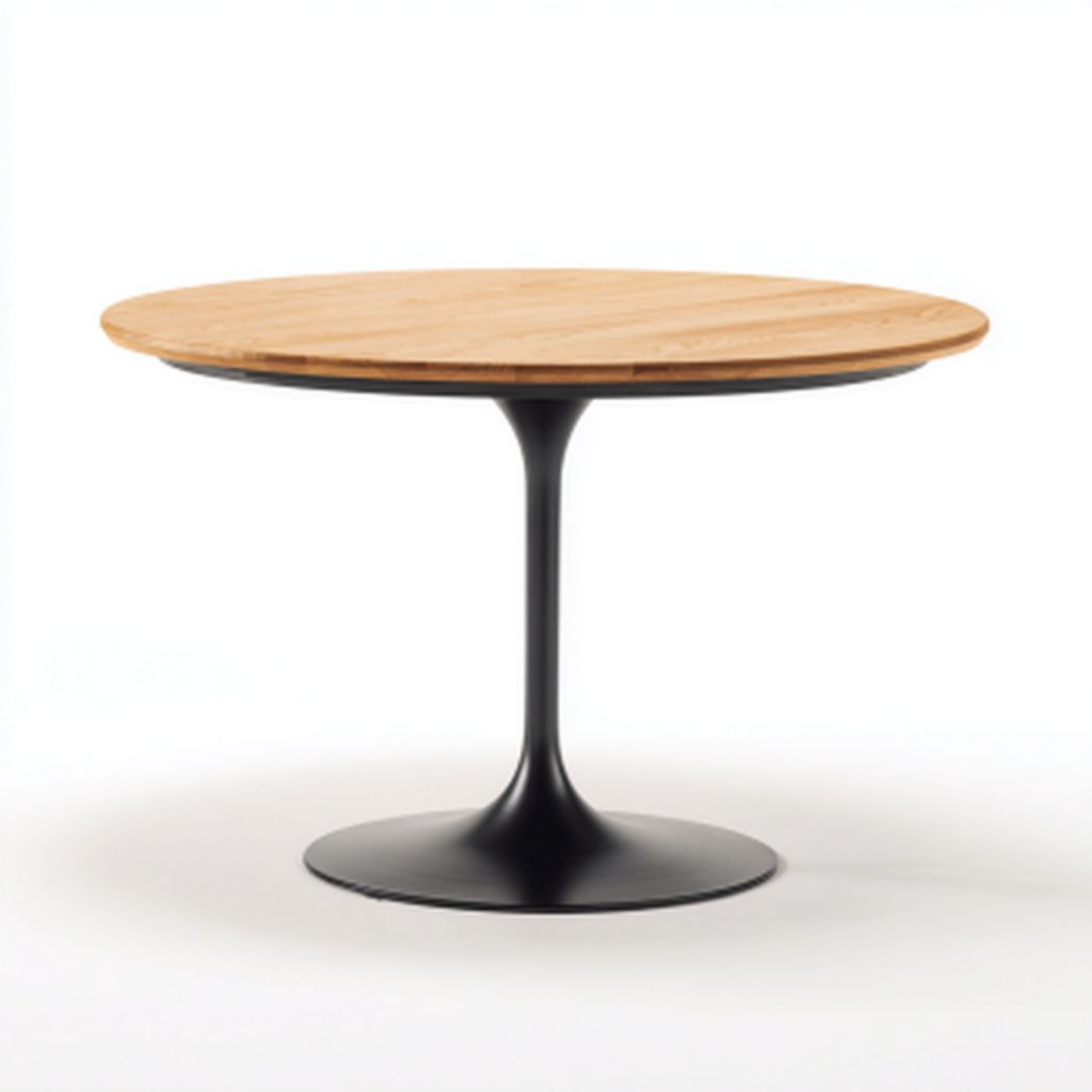 Table ronde avec pied tulipe en métal et plateau en bois