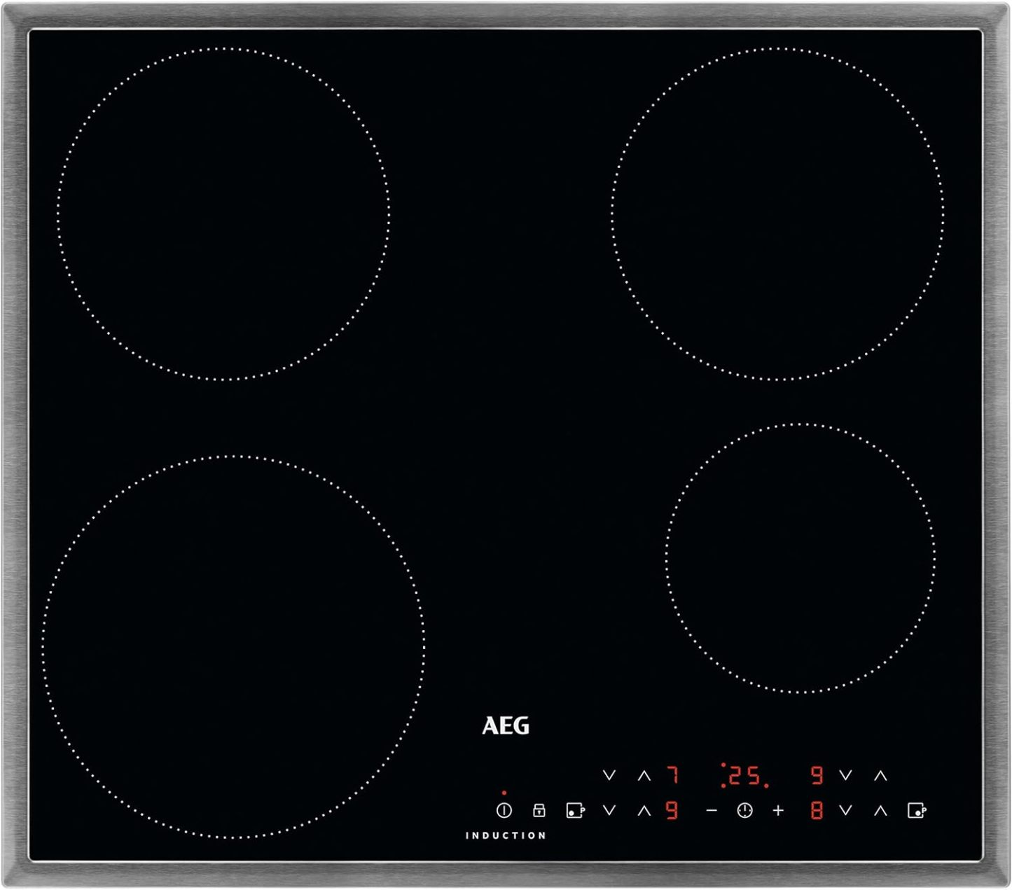 AEG Induktionskochfeld autark 60cm / 4 Zonen mit 2x Power-Funktion für schnelles Kochen / 9 Stufen / Edelstahlrahmen / Timer / Touch-Bedienung / Kindersicherung / Restwärmeanzeige / IKB6430AMB
