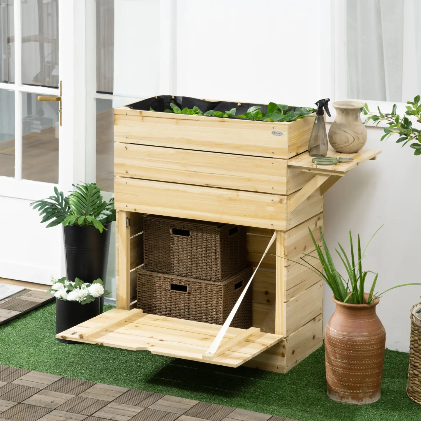 Outsunny Hochbeet Pflanzkasten mit Ablage erhöht Massivholz