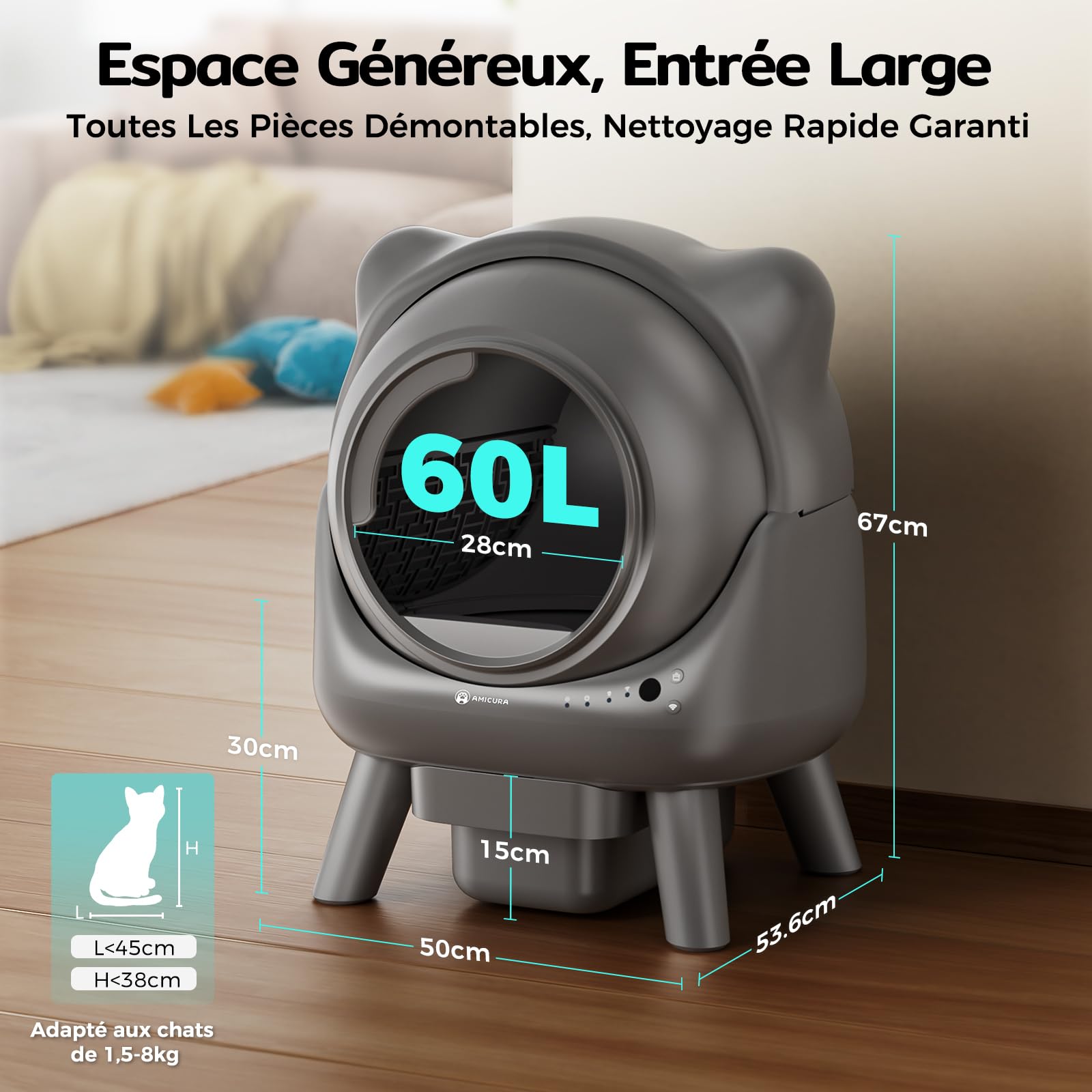 Amicura Cura X1 Litière Chat Autonettoyant avec Contrôle par Application,Capteur de Sécurité (Anti-Pinch), Anti-odeurs, Bac à Litière Autonettoyant, L