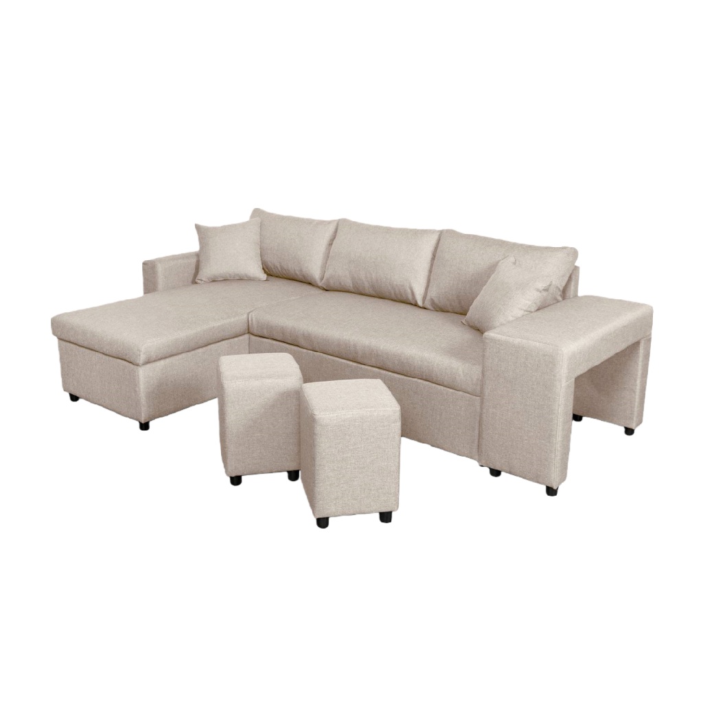 Canapé d’Angle Convertible 4 Places en Tissu Beige - Avec Poufs Intégrés