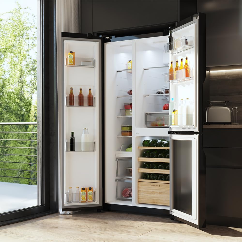 Cecotec Réfrigérateur 3 Portes Bolero CoolMarket TDW 548 Black Glass E, Classe E, 548L, Design T Door, Compresseur Inverter Plus, Total No Frost, Meta