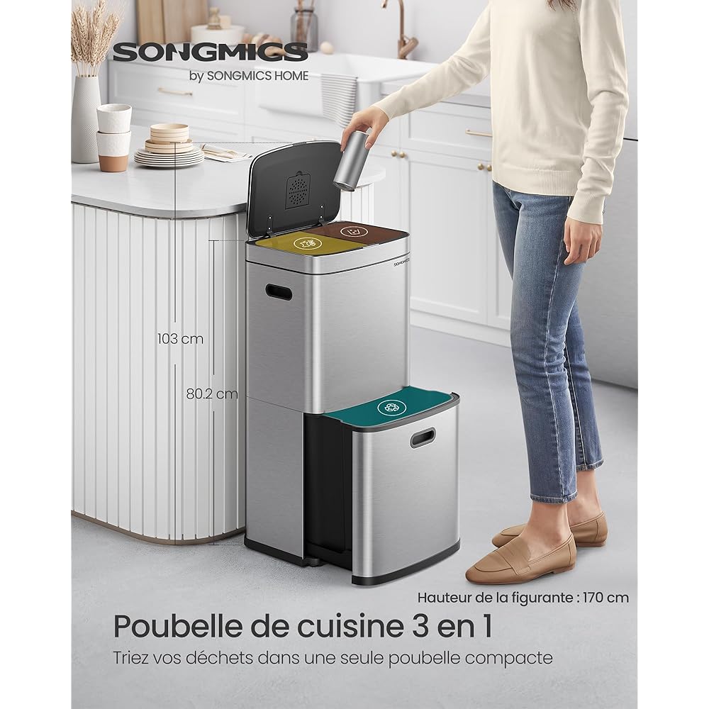 SONGMICS Poubelle de Cuisine, Poubelle à 3 Compartiments, 2 x 10 L et 30 L, Acier, Gain de place, Seaux intérieurs, Filtre à Charbon, 39,5 x 29,8 x 80,2 cm, Argent Métallique LTB551E50 : Cuisine et Maison