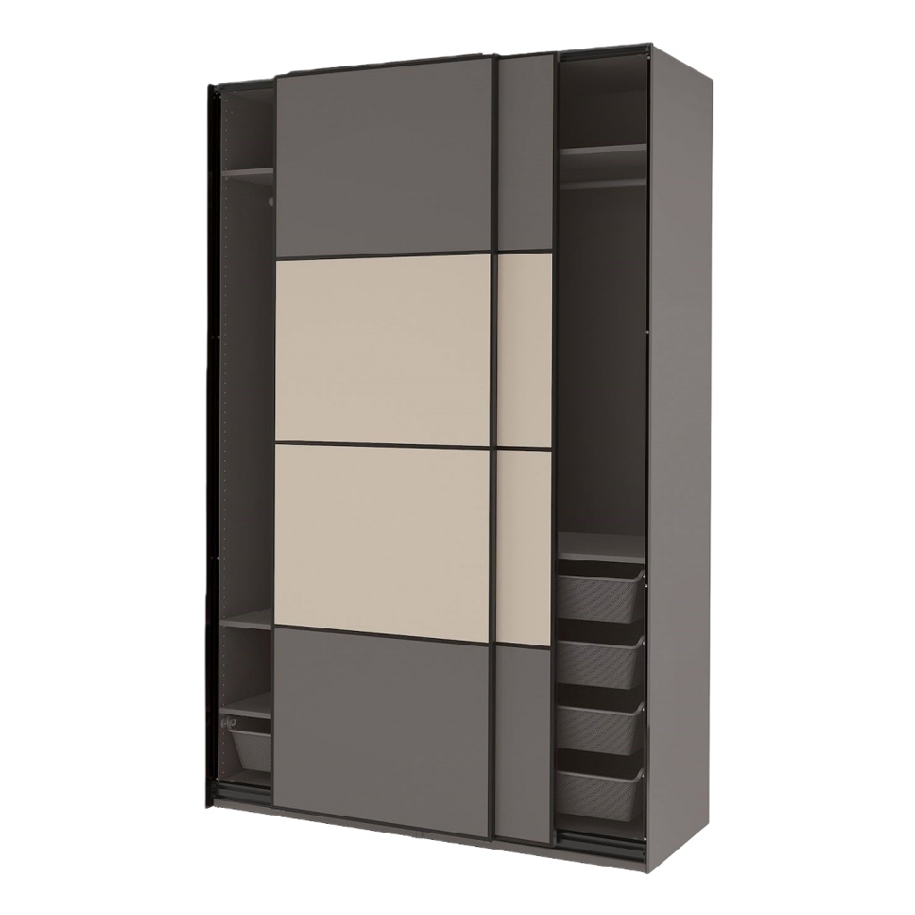 Armoire de Rangement Moderne avec Panneaux en Gris et Beige, Tiroirs et Étagères