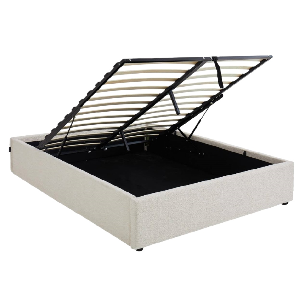 Lit double avec coffre de rangement relevable — Design moderne en tissu crème