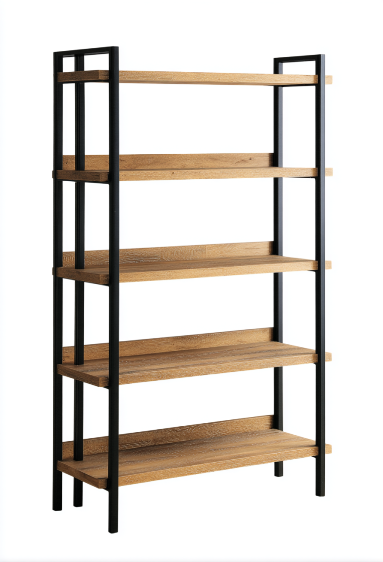 Étagère à cadre métallique avec cinq étagères en bois de chêne