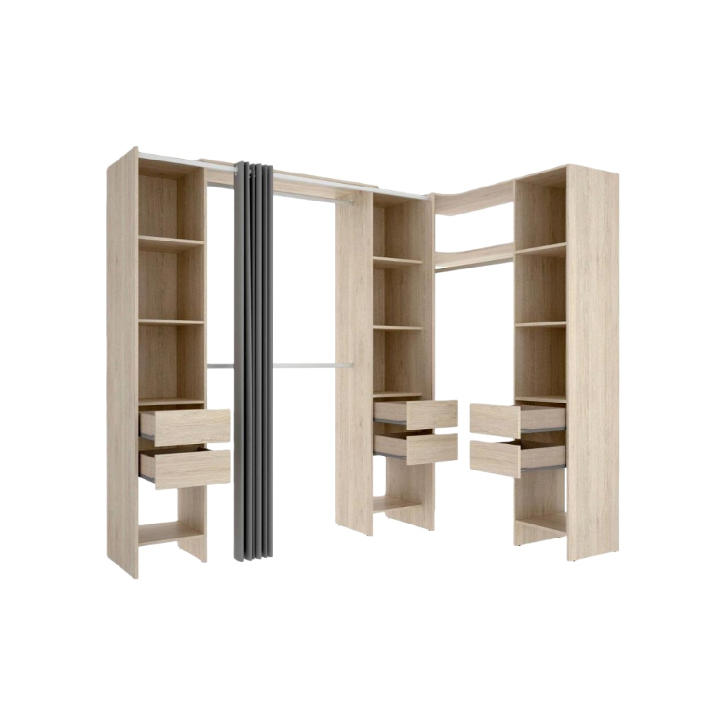 Dressing d’Angle avec Tiroirs et Étagères - Finition Chêne Clair