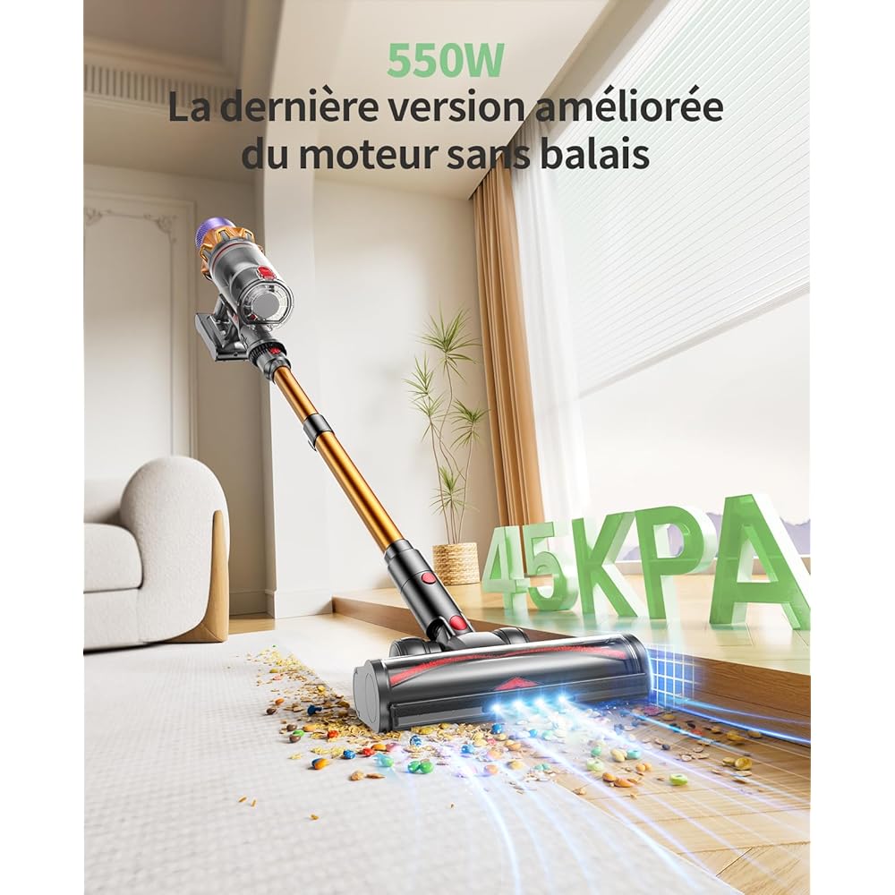 SunSare 550W/45KPA Aspirateur Balai sans Fil, 2024 Aspirateur Balai Puissant, 60 Mins Batterie Amovible, Chargement Mural, Aspirateur sans Fil X7A Écran LCD pour Parquet, Moquettes, Poils d'animaux : Cuisine et Maison