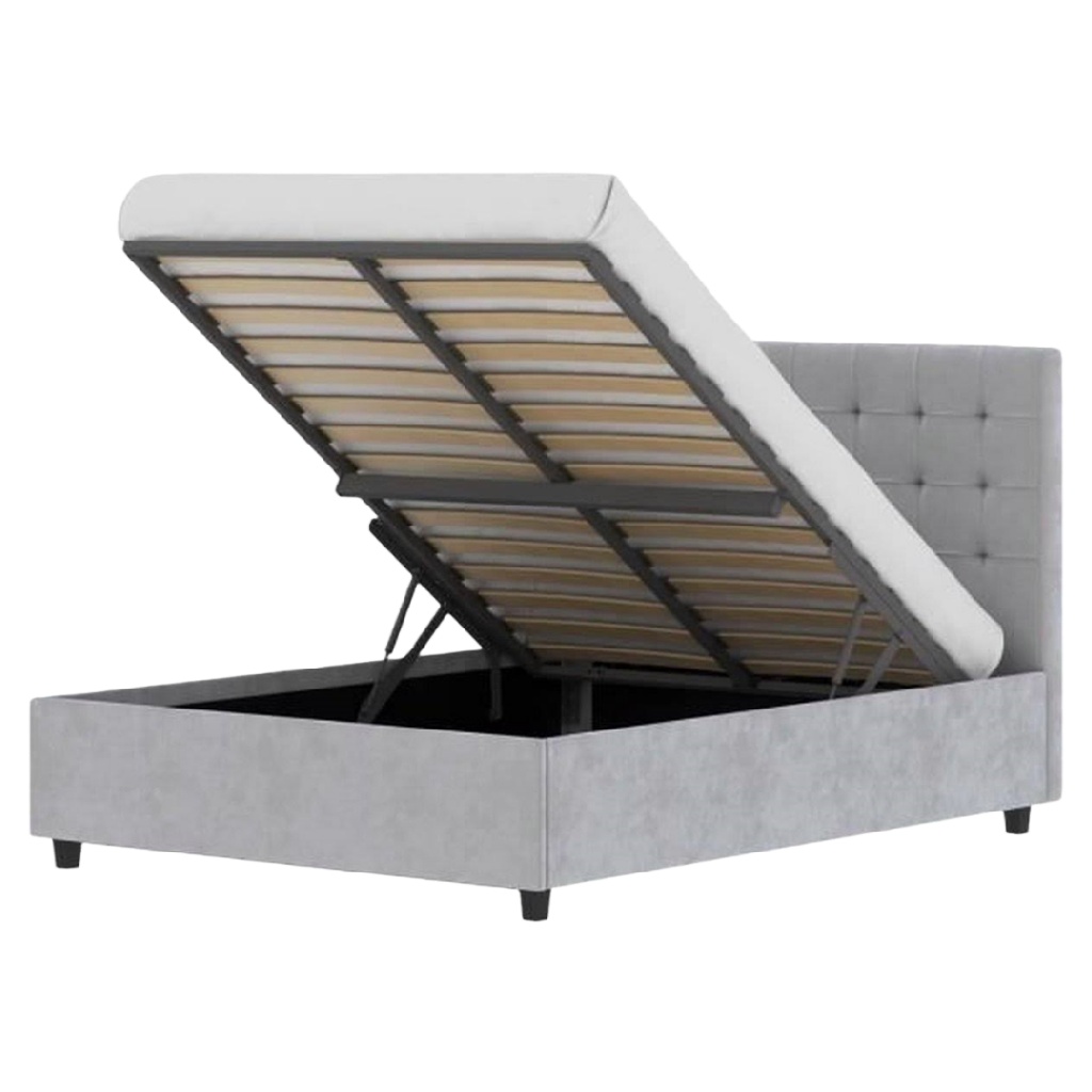 Lit coffre en tissu gris clair — Sommier relevable — Tête de lit capitonnée