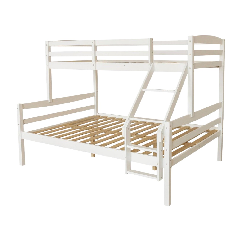Lit superposé en bois massif — Lit 1 place + 2 places — Design blanc naturel