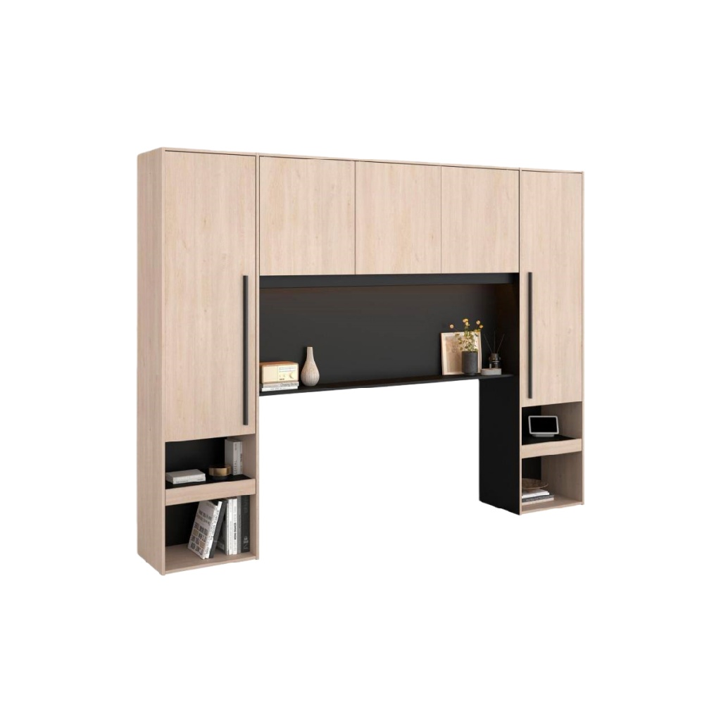 Ensemble de Rangements Muraux avec Colonnes et Meuble Pont - Chêne Clair et Noir