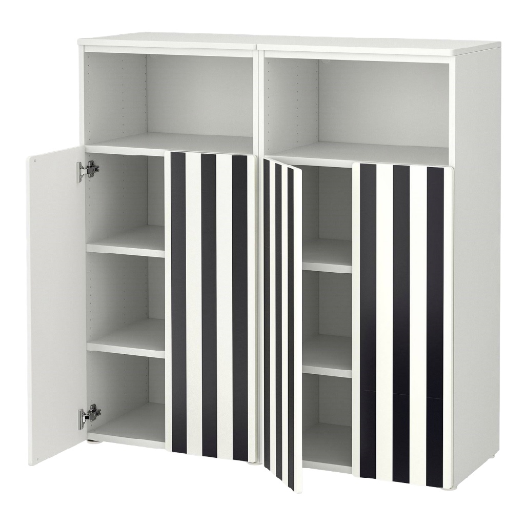 Buffet moderne noir et blanc à portes rayées – armoire de rangement design scandinave