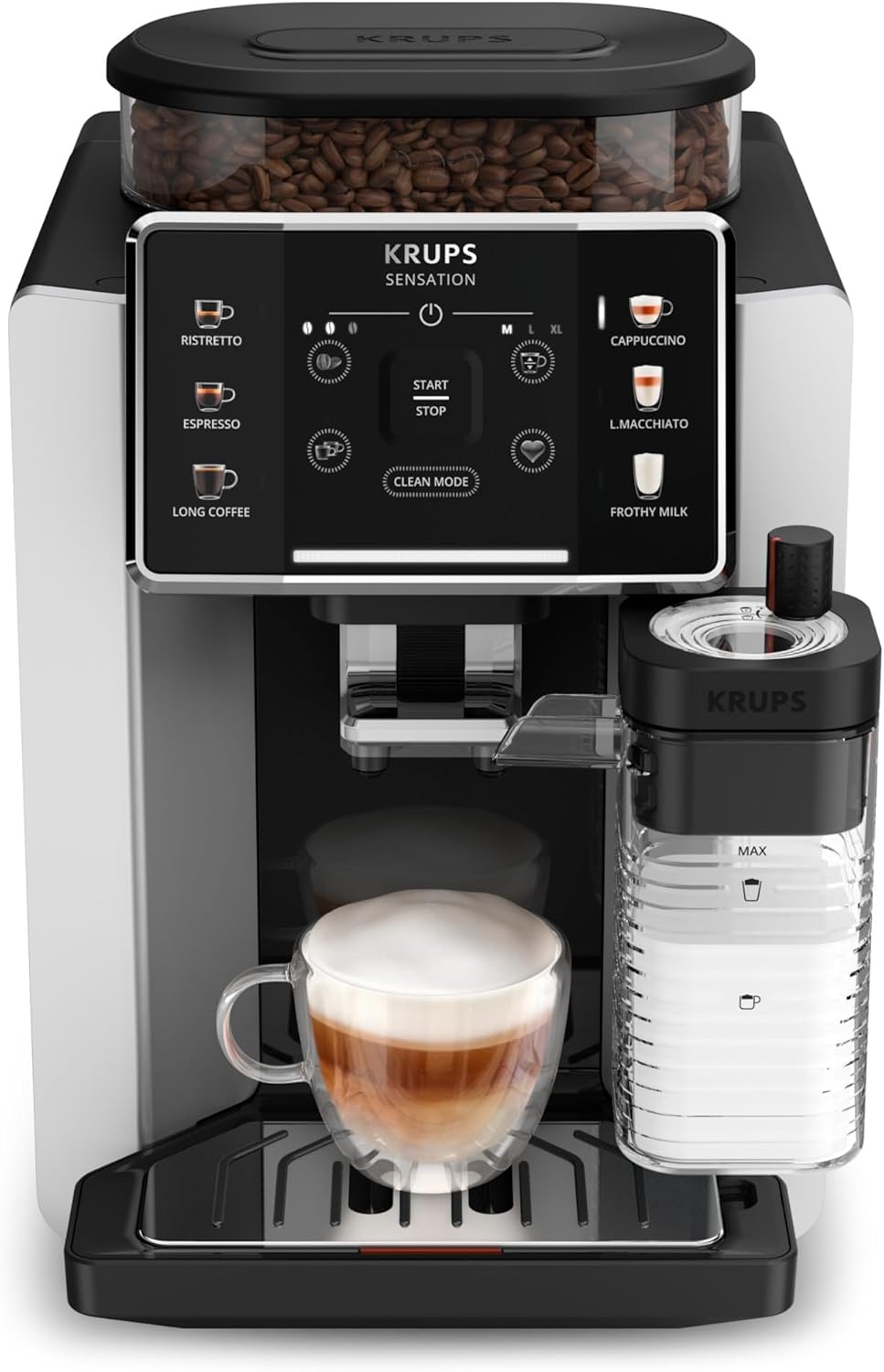 Krups Sensation Lait, Machine à café grains, machine expresso, 6 boissons, Carafe à lait, Cappuccino, Interface tactile, Nettoyage automatique, Silver, EA912E10