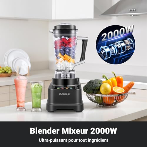 AMZCHEF 8 EN 1 Blender avec 8 Menus Préréglés et 10 Vitesses | Auto IQ Blender Mixeur 2000W avec Écran Tactile LCD | 2L Mixer Blender Pour Smoothies, Broyage, Glace Pilée, Purée, Sauce | Noir : Cuisine et Maison