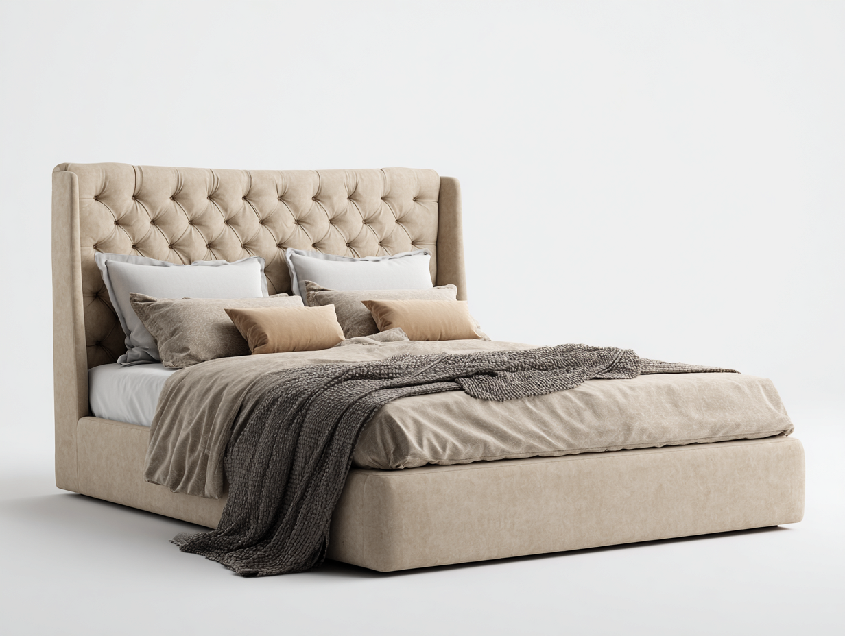 Lit double tapissé 215x165x135 cm - beige - design capitonné