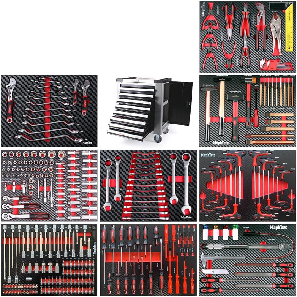 Mephisto Servante d'atelier avec 9 tiroirs, dont 9 tiroirs avec outils tels que clé, cliquet avec boîte à noix, incrustations souples aspect carbone : Bricolage