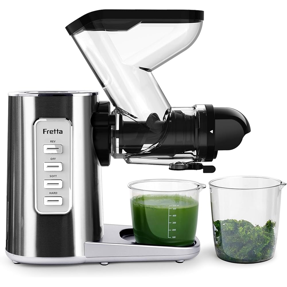 Fretta Extracteur de Jus à Froid avec Large Goulotte 76mm, Sans BPA & Corps en acier inoxydable, Extraction Lente pour Maximum de Nutriments, Facile à Nettoyer : Cuisine et Maison