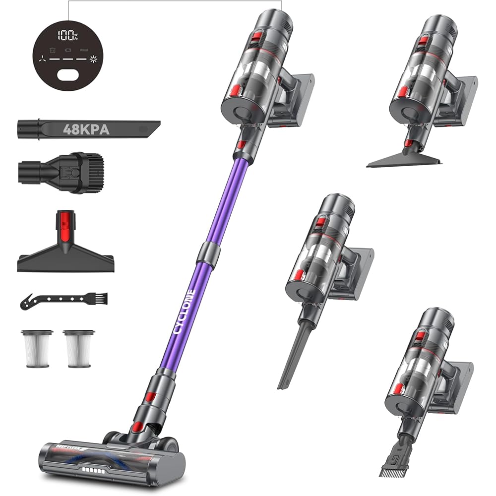 aujun J10 Aspirateur Balai sans Fil 580W 48kPa, 70 Mins Aspirateur Puissant avec Écran Tactile Intelligent, Brosse Anti-Emmêlement, Chargement Mural pour Tapis Sol Dur Poils Animaux : Cuisine et Maison