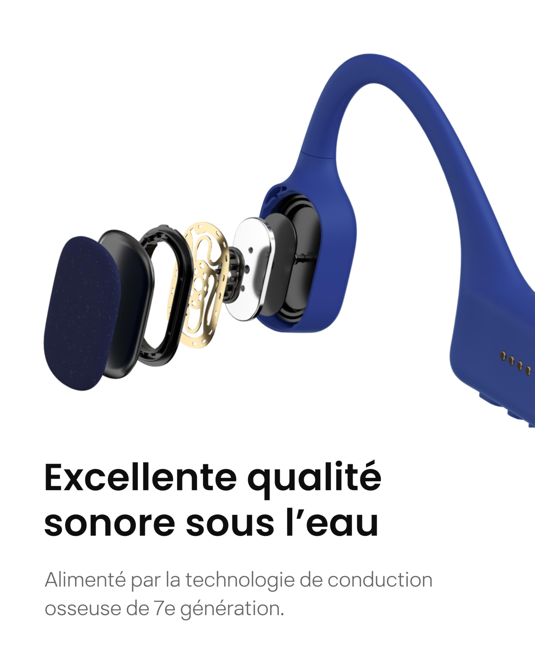 SHOKZ OpenSwim Casque à conduction osseuse, lecteur MP3 de natation étanche IP68, écouteurs de sport oreilles libres avec 4 GB de mémoire, 8H d’autonomie, bouchons d’oreilles(sans Bluetooth), Bleu