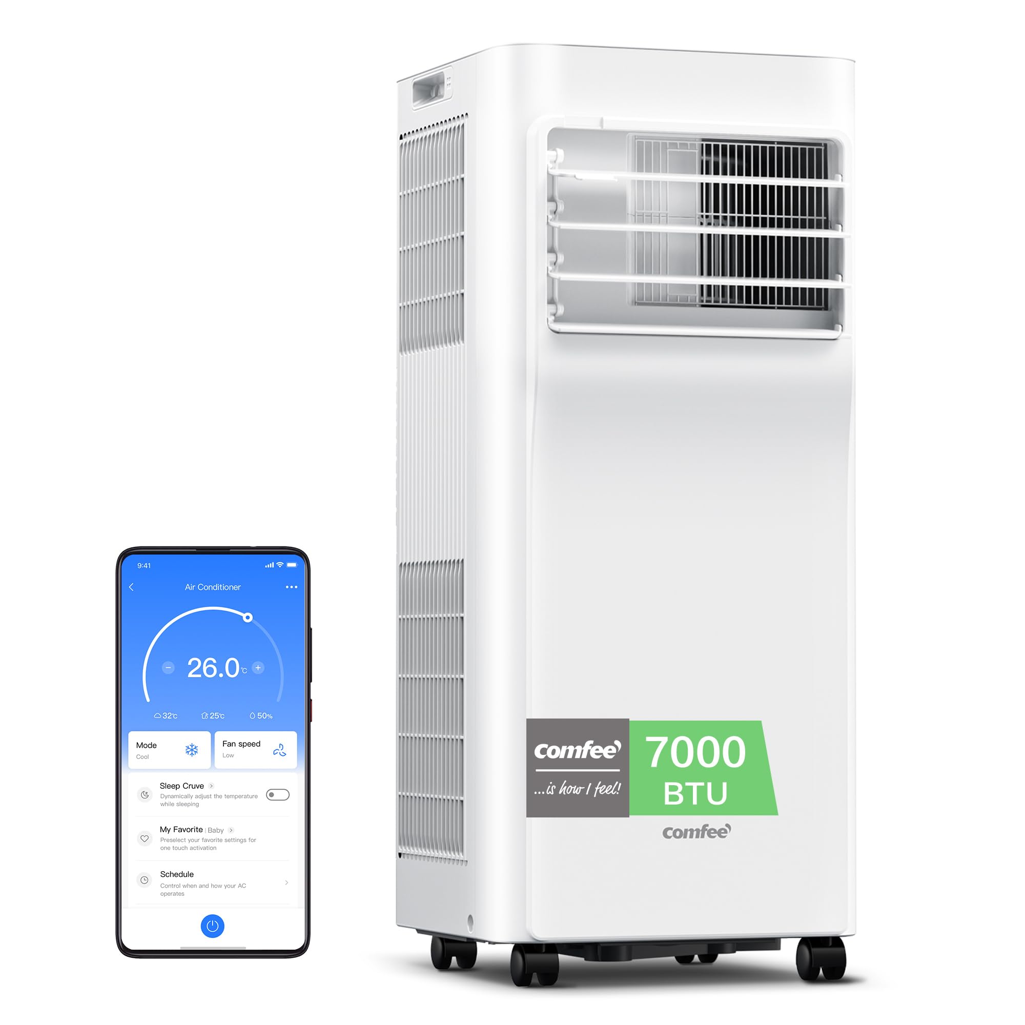 COMFEE' Climatiseur Mobile 7000 BTU/h 2kW, Contrôle APP, 3 Modes, 3 Vitesses de ventilation, Minuterie 24H, Dimensions compactes, Pour pièces de 23㎡,