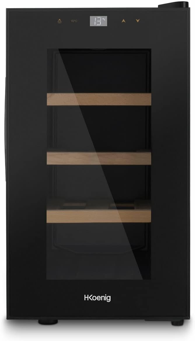 H.Koenig Cave à vin Réfrigérante Thermo Electrique 8 bouteilles de conservation AGE8 25L, Professionnelle Inox, multi température 11°C-18°C, Silencieuse, Eclairage intérieur, 3 Etagères