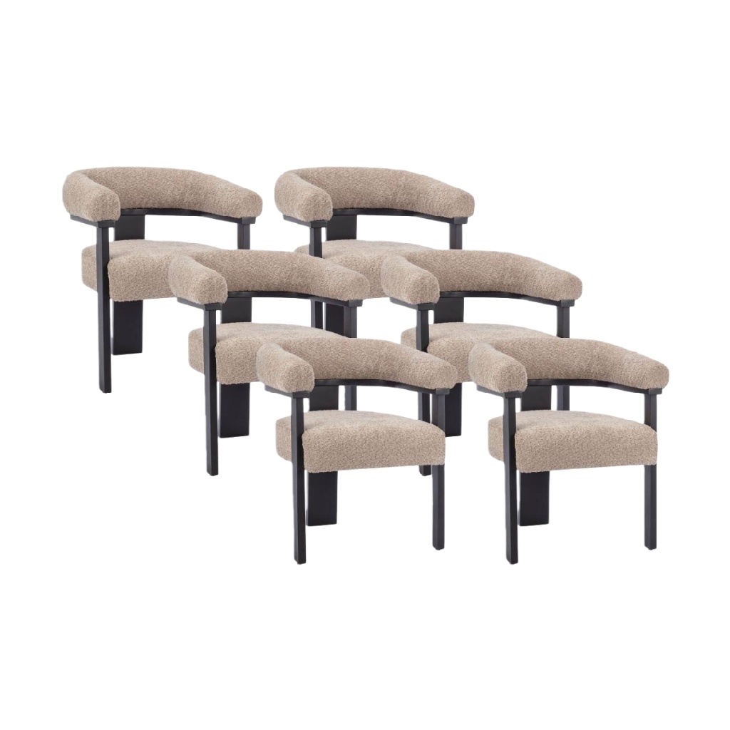 Lot de 6 chaises de salle à manger en tissu bouclé beige avec accoudoirs, pieds métal noir
