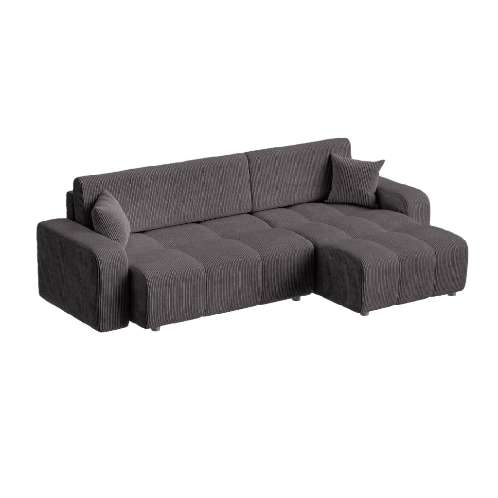 Canapé d’angle en velours côtelé gris anthracite avec coussins