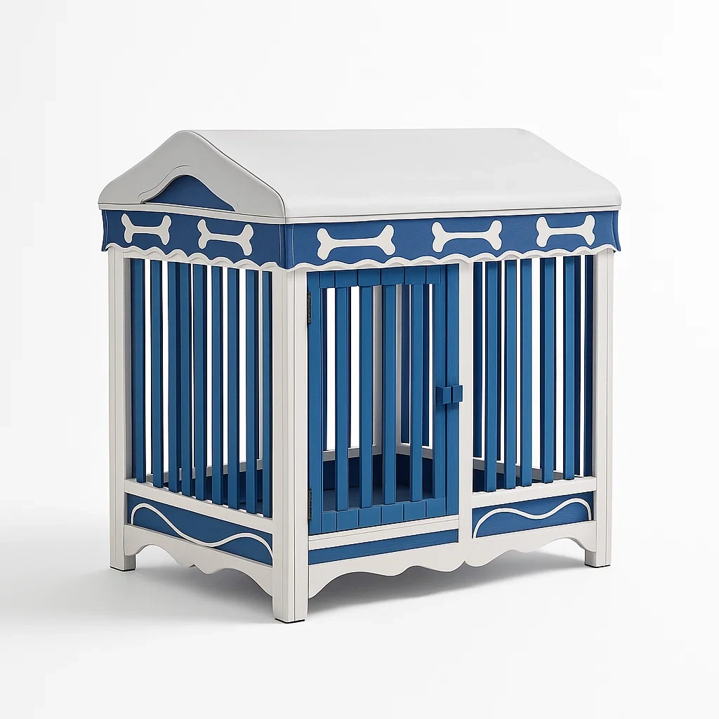 Parc pour animaux en bois et tissu blanc et bleu