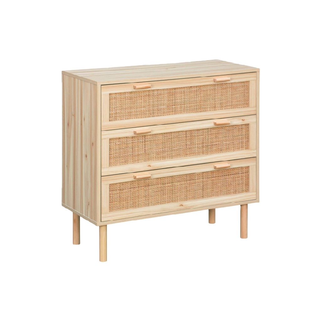Commode 3 tiroirs en bois de pin et rotin naturel – 85×80×40 cm, style nordique, garantie 2 ans