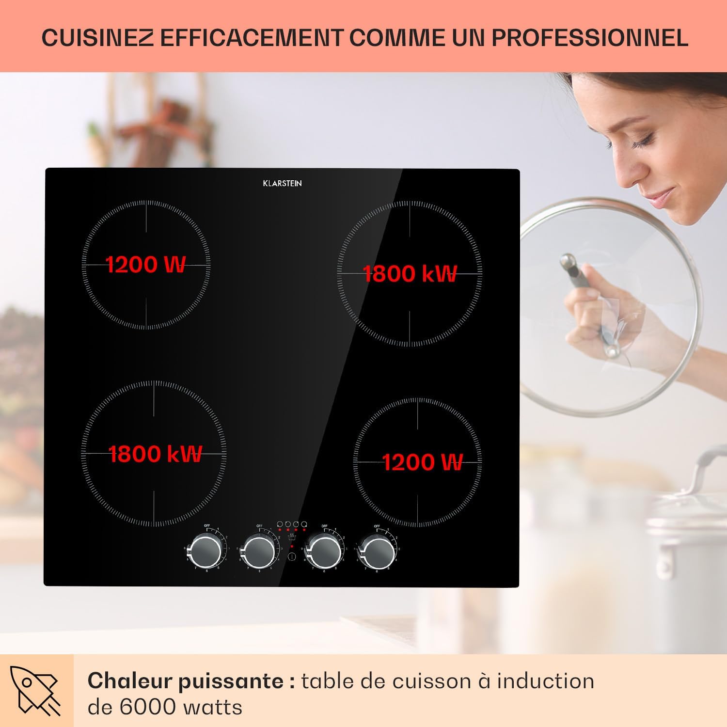 Table de cuisson à induction encastrable Klarstein 6000W, 4 feux