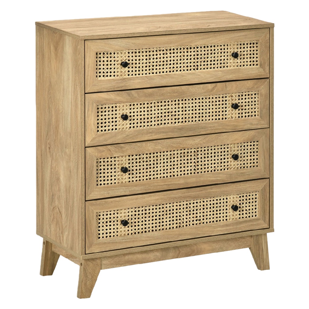 Commode 4 tiroirs en bois et rotin tressé – 85×95×40 cm, style bohème naturel, garantie 2 ans