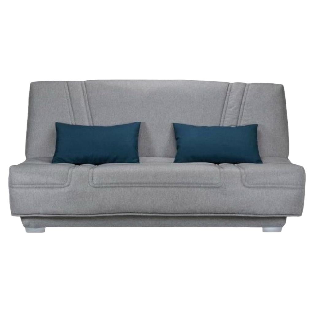 Canapé convertible 3 places en tissu gris clair – design moderne avec coussins bleus – canapé lit compact et pratique