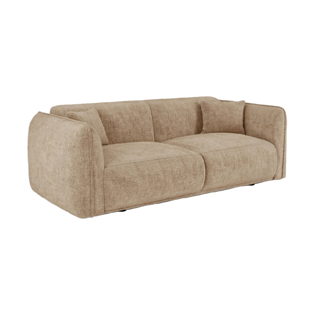 Canapé 3 places en tissu bouclé beige sable – design arrondi moderne