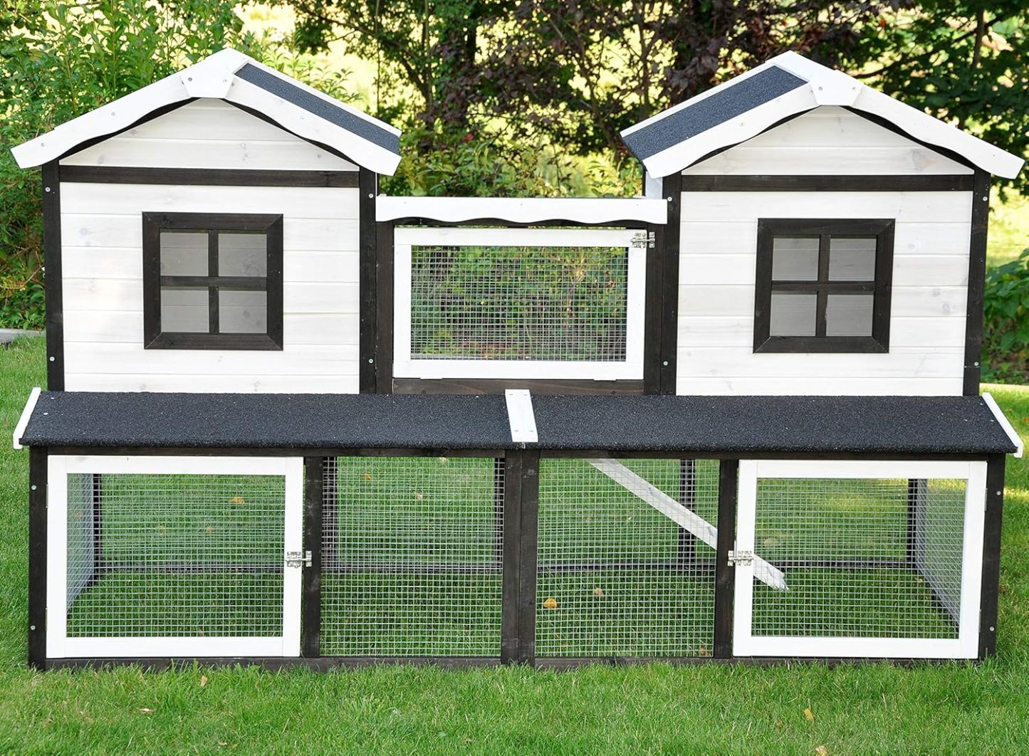 nanook Premium Hasenstall Kleintierstall Kaninchenstall XXL groß artgerecht mit Freilauf Gehege ideal für draußen 197 x 85 x 112 cm - braun weiß - 2 Ebenen