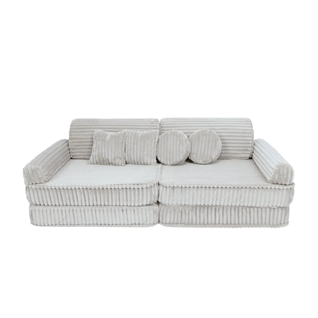 Canapé 2–3 places en velours côtelé beige clair avec coussins assortis