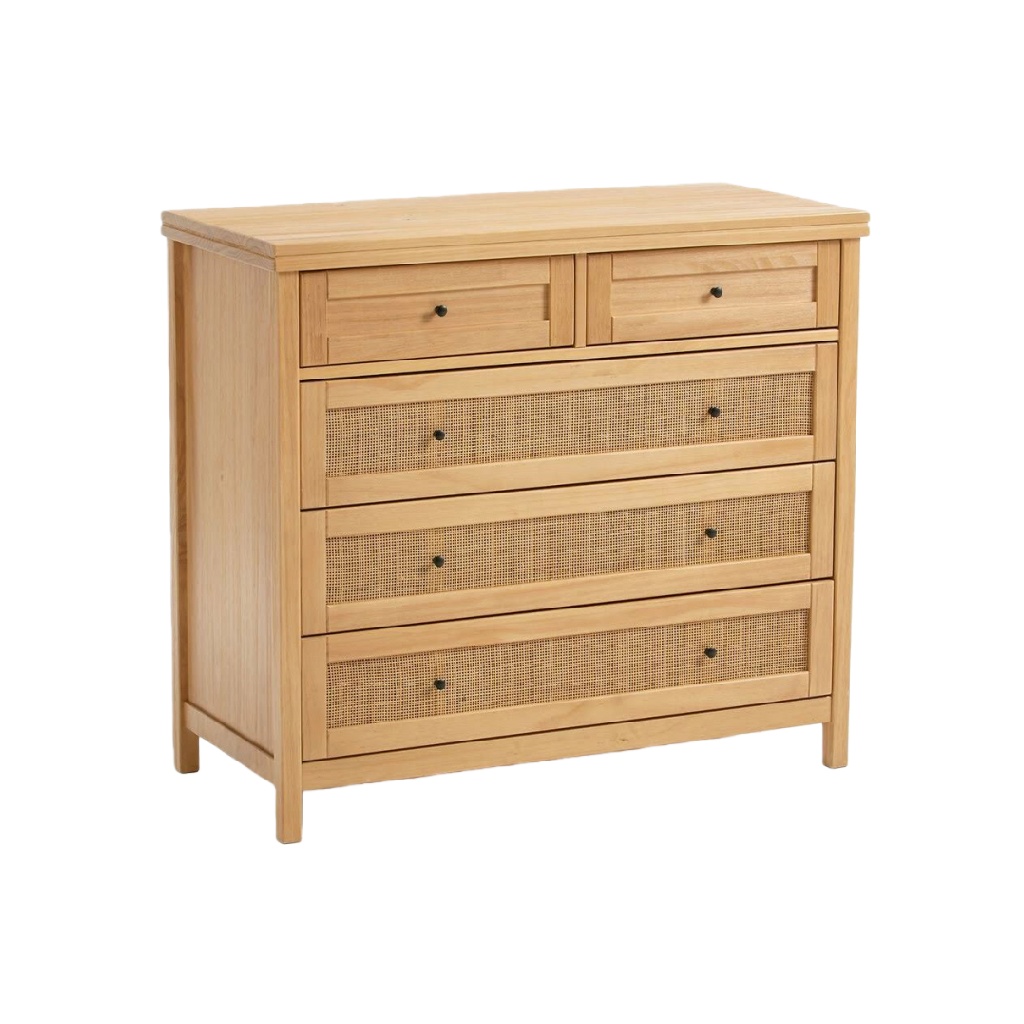 Commode 5 tiroirs en bois et rotin naturel – 90×100×40 cm, style bohème, garantie 2 ans